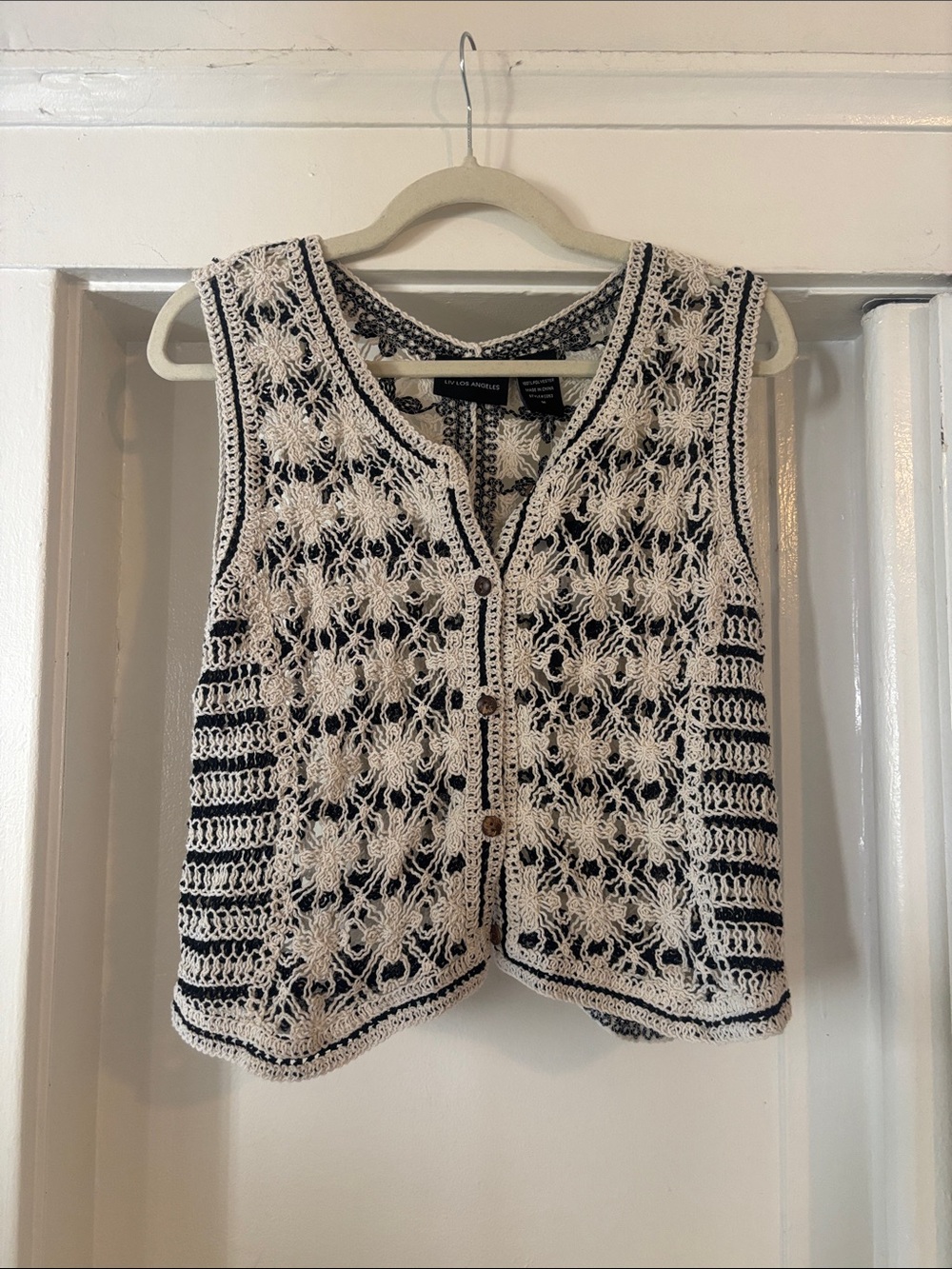 Crocheted Sleeveless Cardigan Vest - Black & Cream